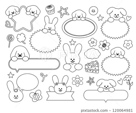Outlines of puppy, bunny, cake, butterfly, cupcake, flower, heart for name tag, text bubble, cartoon character, comic, text, message, dialogue, sticker, vet, animals, kid colouring book, art, painting Outlines of puppy, bunny, cake, butterfly, cupcake, flower, heart for name tag, text bubble, cartoon character, comic, text, message, dialogue, sticker, vet, animals, kid colouring book, art, painting 120064981