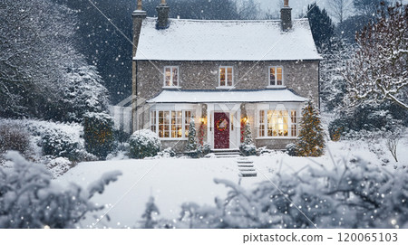 Christmas tree and decorations of the old house in snowfall in winter 120065103