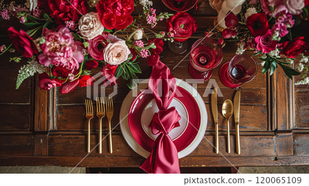 Festive table setting with cutlery, candles and beautiful red flowers in vase. High quality photo Festive table setting with cutlery, candles and beautiful red flowers in vase. High quality photo 120065109