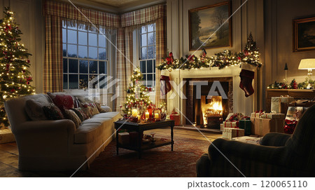 Living room interior with Christmas tree, holiday decorations and fireplace. Holidays concept 120065110
