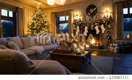 Living room interior with Christmas tree, holiday decorations and fireplace. Holidays concept Living room interior with Christmas tree, holiday decorations and fireplace. Holidays concept 120065111