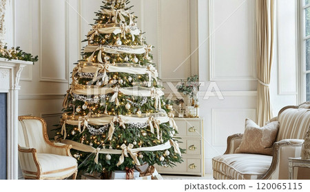 Living room interior with Christmas tree, holiday decorations and fireplace. Holidays concept 120065115