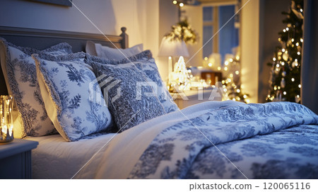 Bed and pillows in bedroom with Christmas tree and holiday decorations 120065116