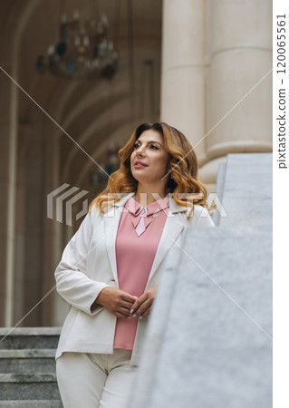 Woman Blazer Pink Shirt Standing Marble Column Building Woman Blazer Pink Shirt Standing Marble Column Building 120065561