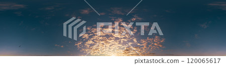 360 panorama of glowing sunset sky with bright pink Cumulus clouds. HDR 360 seamless spherical panorama. Full zenith or sky dome sky replacement for aerial drone panoramas. Climate and weather change. 360 panorama of glowing sunset sky with bright pink Cumulus clouds. HDR 360 seamless spherical panorama. Full zenith or sky dome sky replacement for aerial drone panoramas. Climate and weather change. 120065617