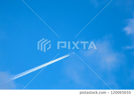 Airplane flying in the morning sky Airplane flying in the morning sky 120065650