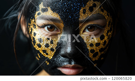 Face painted with black and gold leopard spots creating a dramatic effect, AI Generative 120065820
