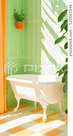 Serene bathroom oasis with bathtub, green tiles, and plants basking in natural light, AI Generative 120065846