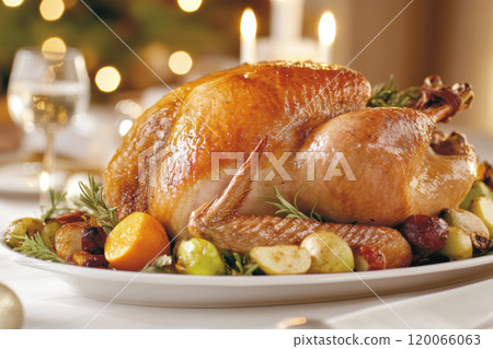 Juicy roasted turkey with vegetables and herbs for a festive holiday dinner AI Generative 120066063