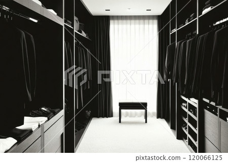 Modern walk in closet with black suits and a bench under soft lighting AI Generative 120066125