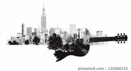 Cityscape guitar blend with trees and skyscrapers in black and white AI Generative 120066232