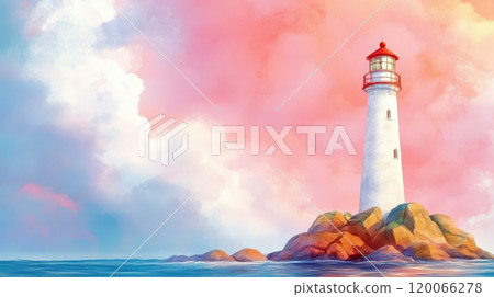 Serene lighthouse against a vibrant sunset sky by the sea AI Generative 120066278