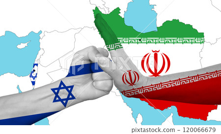 Israel's fist is stopped by Iran's hand, with a map of the two countries in the background Israel's fist is stopped by Iran's hand, with a map of the two countries in the background 120066679