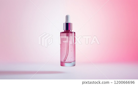 Shimmering, holographic hair oil bottle in a vibrant, gradient-infused pink, levitating in a serene, pastel-toned 120066696