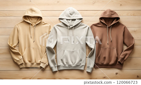color hoodies on wooden background. fashion still life 120066723