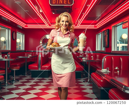 AI-generated image: 1950s American vintage cafe waitress AI-generated image: 1950s American vintage cafe waitress 120067250