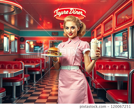 AI-generated image: 1950s American vintage cafe waitress AI-generated image: 1950s American vintage cafe waitress 120067251