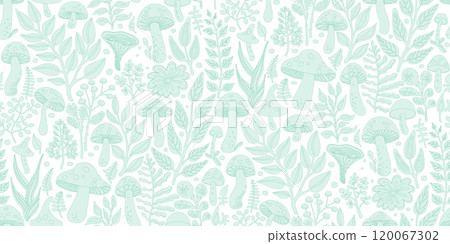 Seamless Pattern with various mushrooms and botanical elements using a monochromatic color scheme in shades of mint green on white. Design for wallpapers, textiles, fabrics, papers, wrappers, covers. 120067302