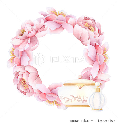 Watercolor pink peony flowers round wreath with jewelry box and perfume bottle watercolor isolated illustration. Garden roses flowers frame template for wedding or Mothers Day stickers and cards 120068102