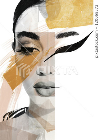 Contemporary art design of portrait young beautiful woman and orange brush strokes, Generative AI 120068372