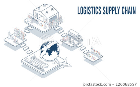 Supply chain logistics optimizes the flow of goods through integrated fleet management, warehousing, and inventory control across the entire supply chain network. Vector illustration eps10 Supply chain logistics optimizes the flow of goods through integrated fleet management, warehousing, and inventory control across the entire supply chain network. Vector illustration eps10 120068557