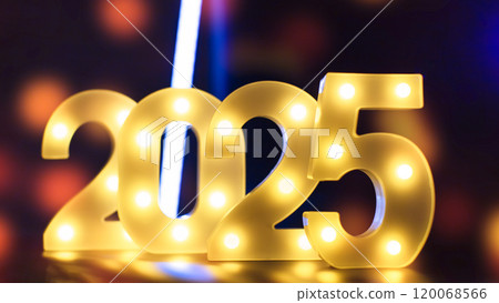 New Year's Eve 2025 Celebration Background.Christmas lights bokeh background. Holiday postcard. Happy New Year 2025 120068566