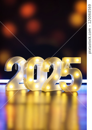 New Year's Eve 2025 Celebration Background.Christmas lights bokeh background. Holiday postcard. Happy New Year 2025 120068569