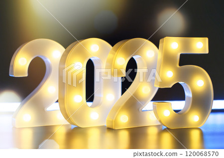 New Year's Eve 2025 Celebration Background.Christmas lights bokeh background. Holiday postcard. Happy New Year 2025 120068570