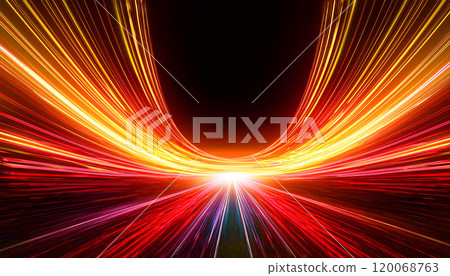 Vibrant and energetic abstract artwork showcasing fast-moving neon light streaks in red, yellow tones, curved laser-like rays create a powerful sense of motion, speed, futuristic energy, AI-generated  120068763