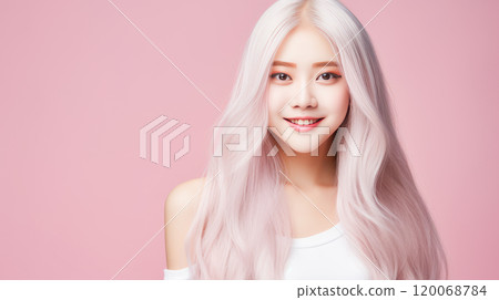 Portrait of smiling asian teenager girl with long and white hair creamy pink background. Portrait of smiling asian teenager girl with long and white hair creamy pink background. 120068784