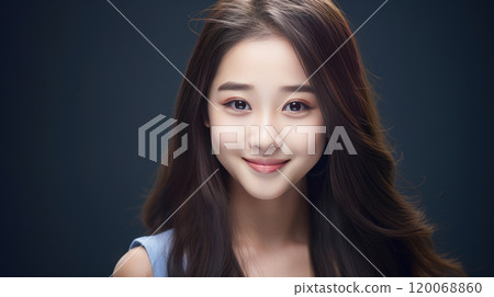 Portrait of smiling asian teenager girl blue background. 120068860