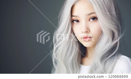 Portrait of smiling asian teenager girl with long and white hair silver background. 120068899