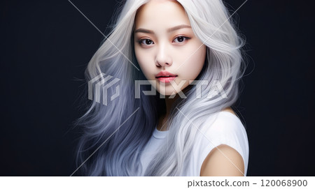 Portrait of smiling asian teenager girl with long and white hair blue background. 120068900