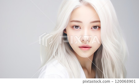 Portrait of smiling asian teenager girl with long and white hair white background. 120068901