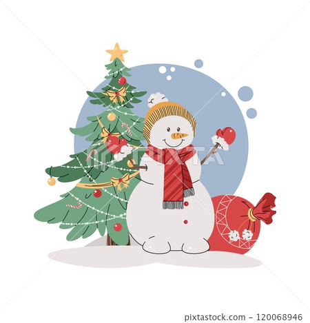 Christmas illustration with a snowman, a Christmas tree, and gifts on a blue background in a flat cartoon style. Vector for poster, banner, invitation, etc. Christmas illustration with a snowman, a Christmas tree, and gifts on a blue background in a flat cartoon style. Vector for poster, banner, invitation, etc. 120068946