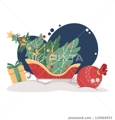 Christmas illustration with a sleigh and a Christmas tree on a blue background in a flat cartoon style. Vector for poster, banner, invitation, etc. 120068953