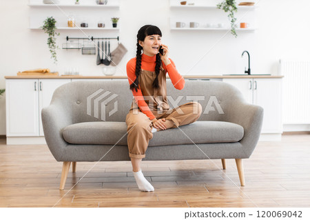 Young woman enjoying phone call while relaxing on sofa at home Young woman enjoying phone call while relaxing on sofa at home 120069042