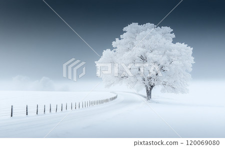 雪路上一棵樹的風景 120069080