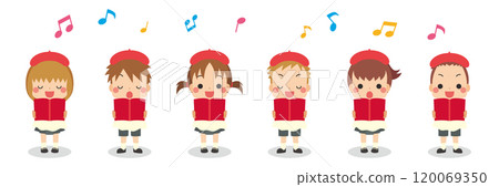 Illustration set of a choir of cute little children singing songs, vector, white background, variations 120069350