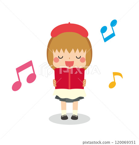 一個可愛的小女孩穿著唱詩班服裝唱歌的插圖，向量，白色背景 120069351