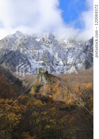 Yuunosawa in late autumn. Three-tiered autumn foliage with snow-capped Mount Tanigawa in the background. 120069372