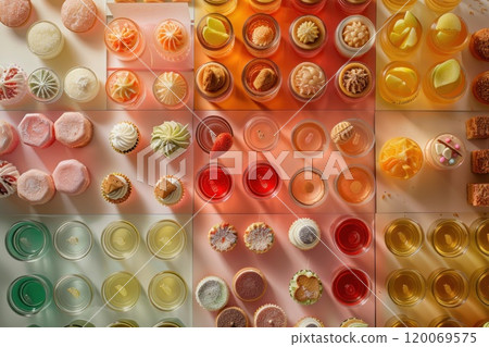An overhead view of a variety of colorful candles, arranged in a grid. 120069575