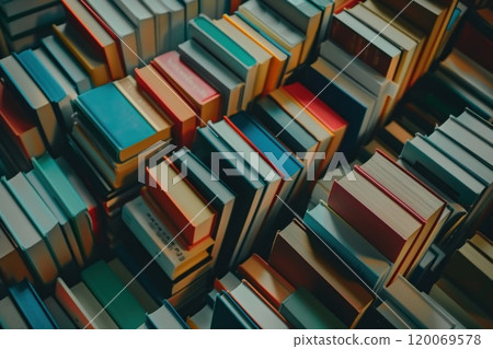 A high-angle view of a wall of colorful books stacked in a library or bookstore. A high-angle view of a wall of colorful books stacked in a library or bookstore. 120069578