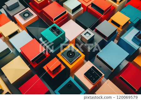 Colorful cubes with different designs stacked on top of each other. Colorful cubes with different designs stacked on top of each other. 120069579