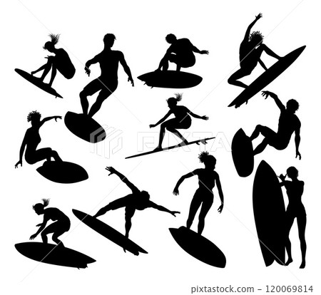Surfer Surfboard Surfers Male Female Silhouettes Surfer Surfboard Surfers Male Female Silhouettes 120069814