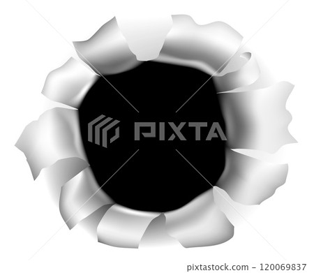 Bullet Hole Metal Paper Rip Gun Shot Through Wall 120069837