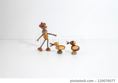 Charming handmade humanoid acorn figurine with two acorn crafted ducks. Unique nature art using acorns and sticks. Perfect for fall decor, DIY projects, and eco friendly crafts 120070077