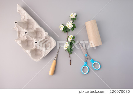 Empty egg crate, white floral, toilet paper roll, diverse craft supplies 120070080