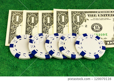 Five banknotes and casino chips corresponding to the nominal value Five banknotes and casino chips corresponding to the nominal value 120070116