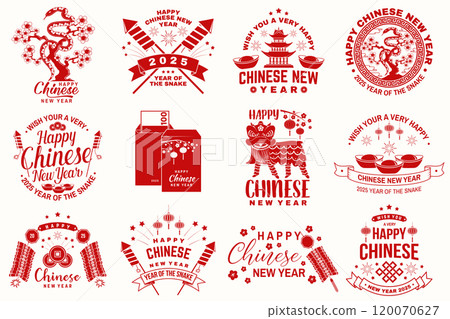 Happy Chinese 2025 New Year design in retro style. Chinese New Year of snake felicitation classic postcard. Chinese sign year of snake greeting card. Banner for website template. Vector illustration. 120070627